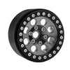 Black metal beadlock wheels for an RC crawler with a removable hex hub.