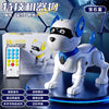 A white and blue robotic dog is displayed on a stand next to its remote control and a smaller version.