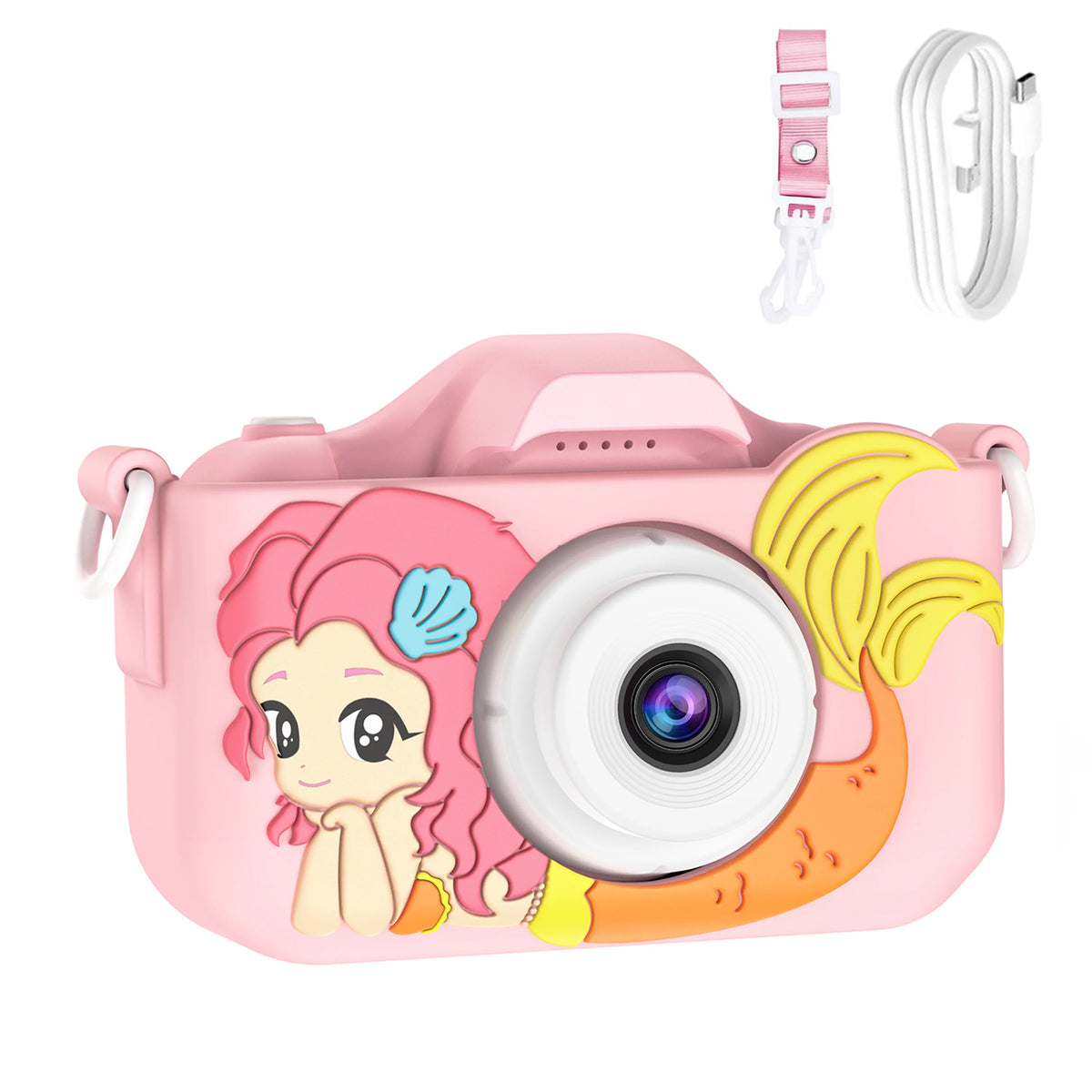 Pinke digitale Kamera mit Charakterdesign und weißem Ladekabel.