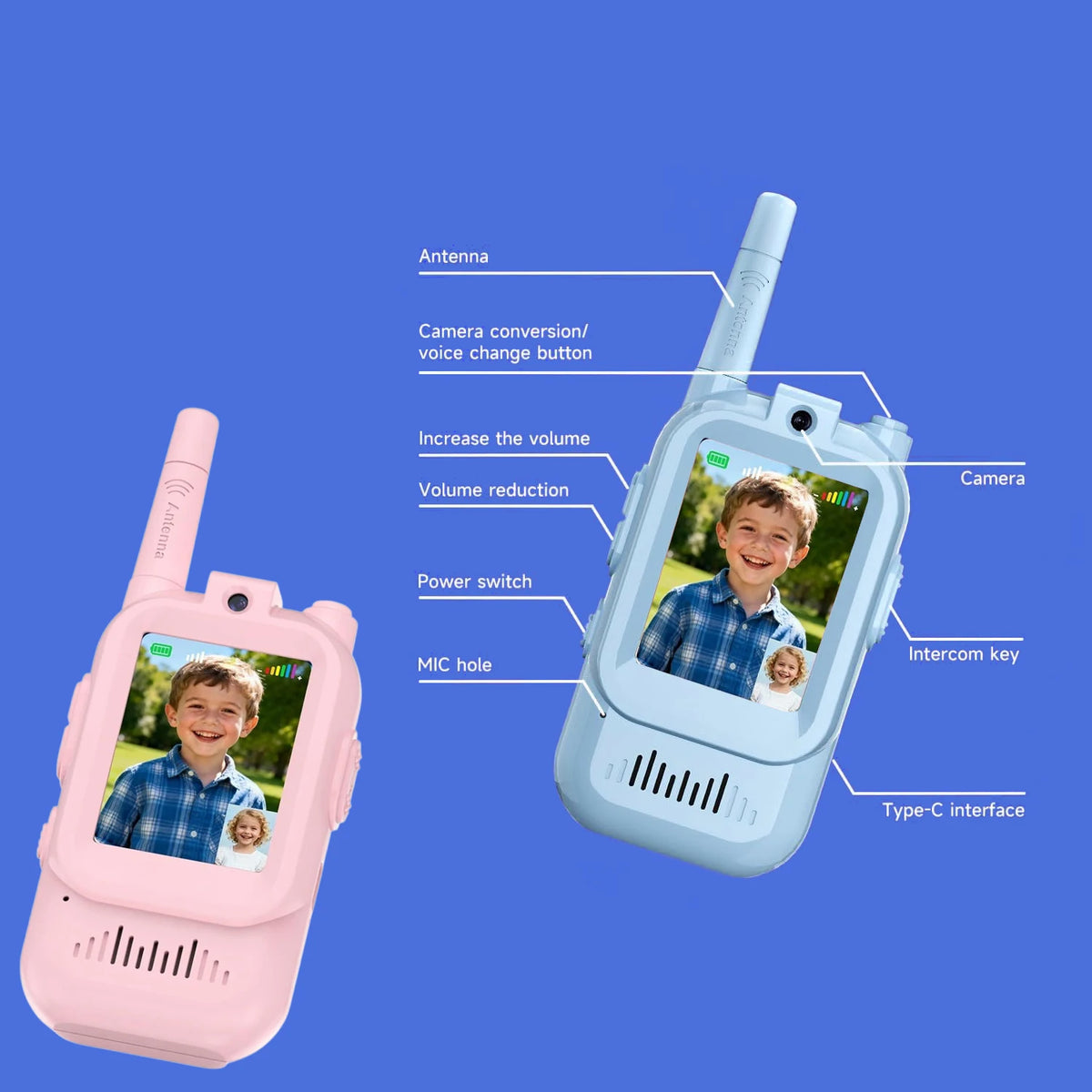 A pink kids' video walkie-talkie with a screen showing a child, displaying various features like an antenna and camera.