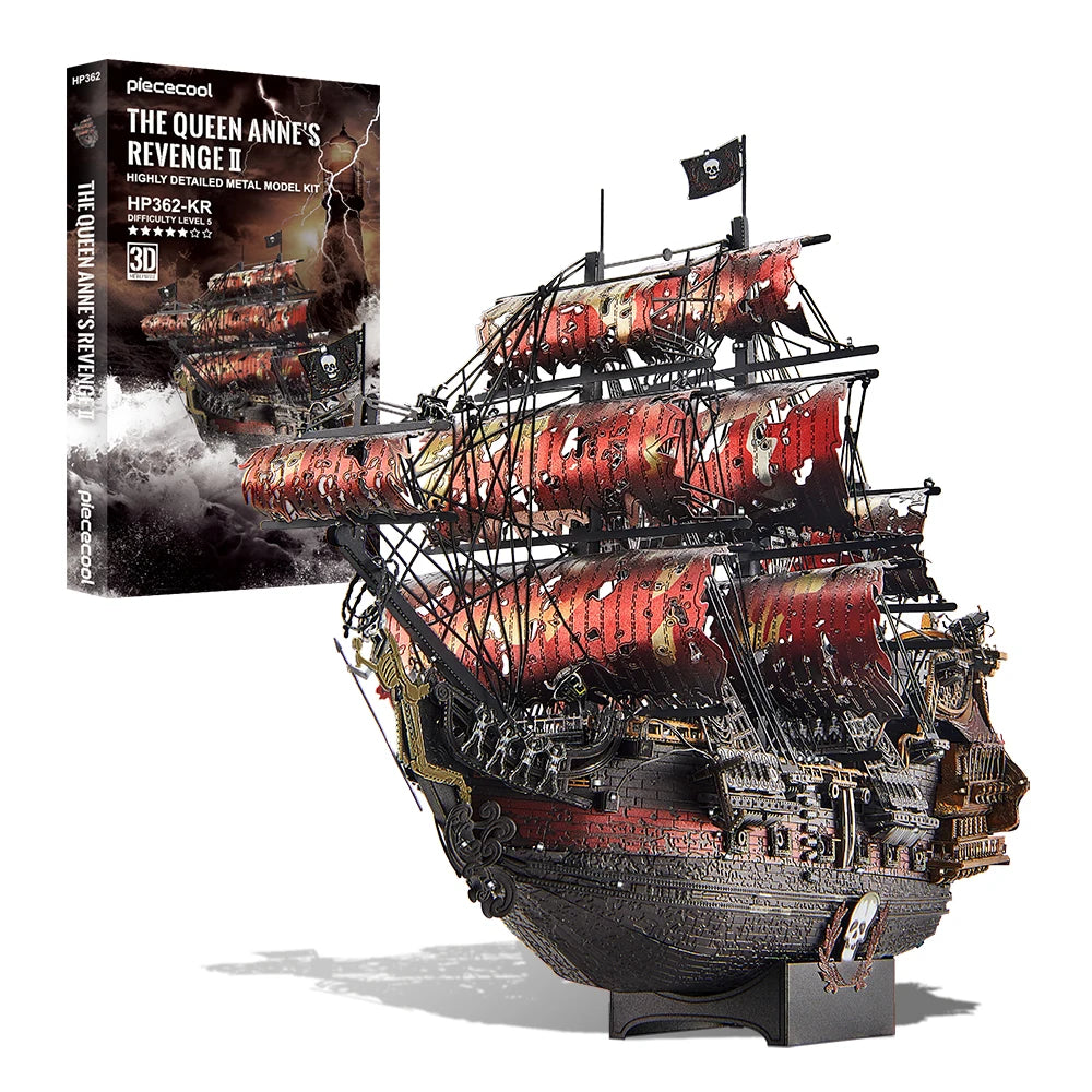 A highly detailed metal 3D puzzle model kit of the ship Queen Anne's Revenge.