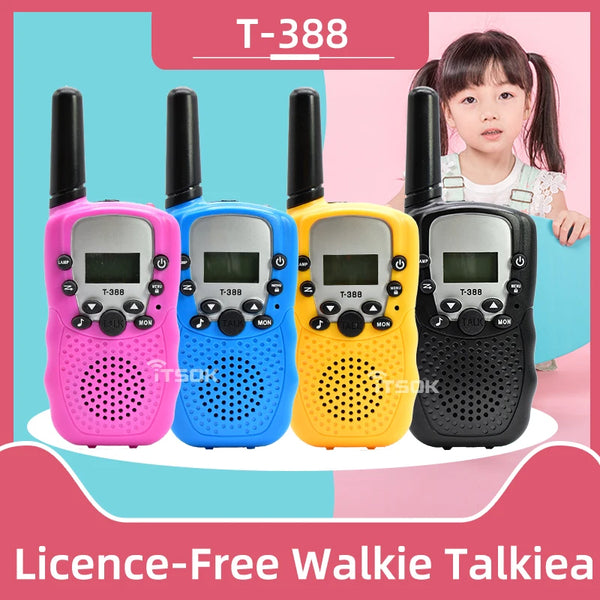 Five color walkie talkie radios with a child demonstrating the product.