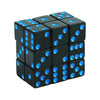 A stack of black acrylic dice with vibrant blue dots, used for board games and RPGs.