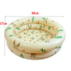 A round inflatable toddler pool with a light beige color and a pattern of woodland animals and leaves.
