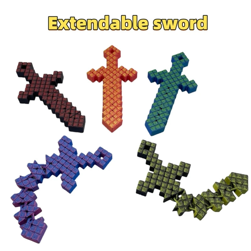 A set of pixel art swords in various colors including red, blue, green, and purple, demonstrating extendable joints.