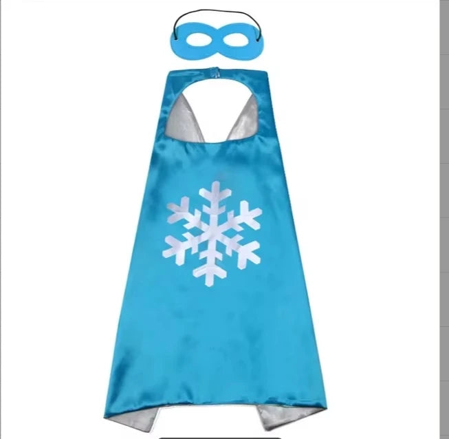 A bright blue superhero cape and mask set for kids, featuring an infinity symbol design.