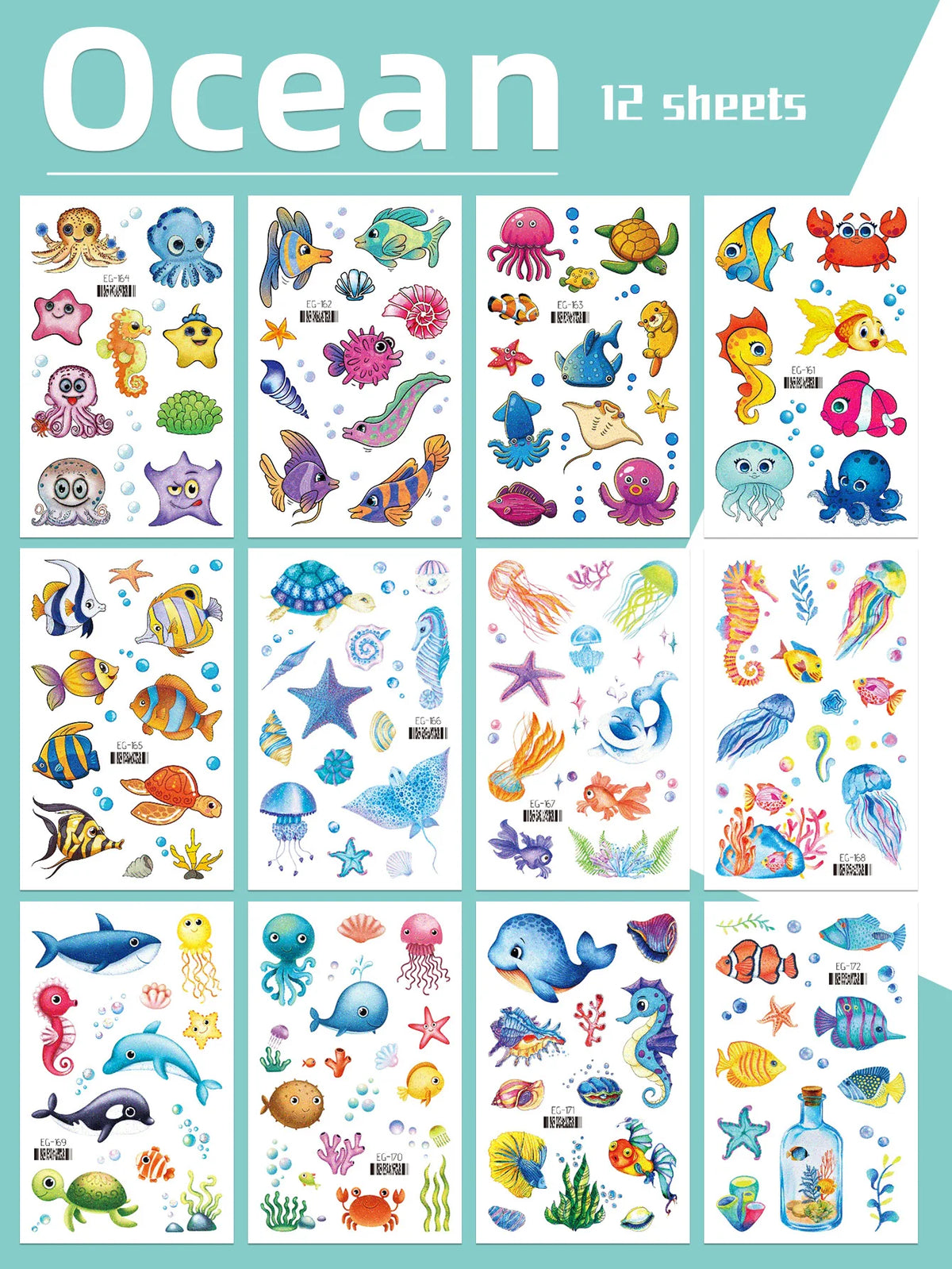 A collection of 12 sheets of glitter mermaid temporary tattoos featuring various underwater ocean and sea creatures.