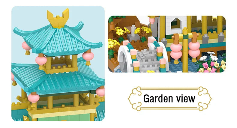 A set of retro Chinese villa micro building blocks showing a multi-tiered pavilion with a tiled roof and surrounding garden v