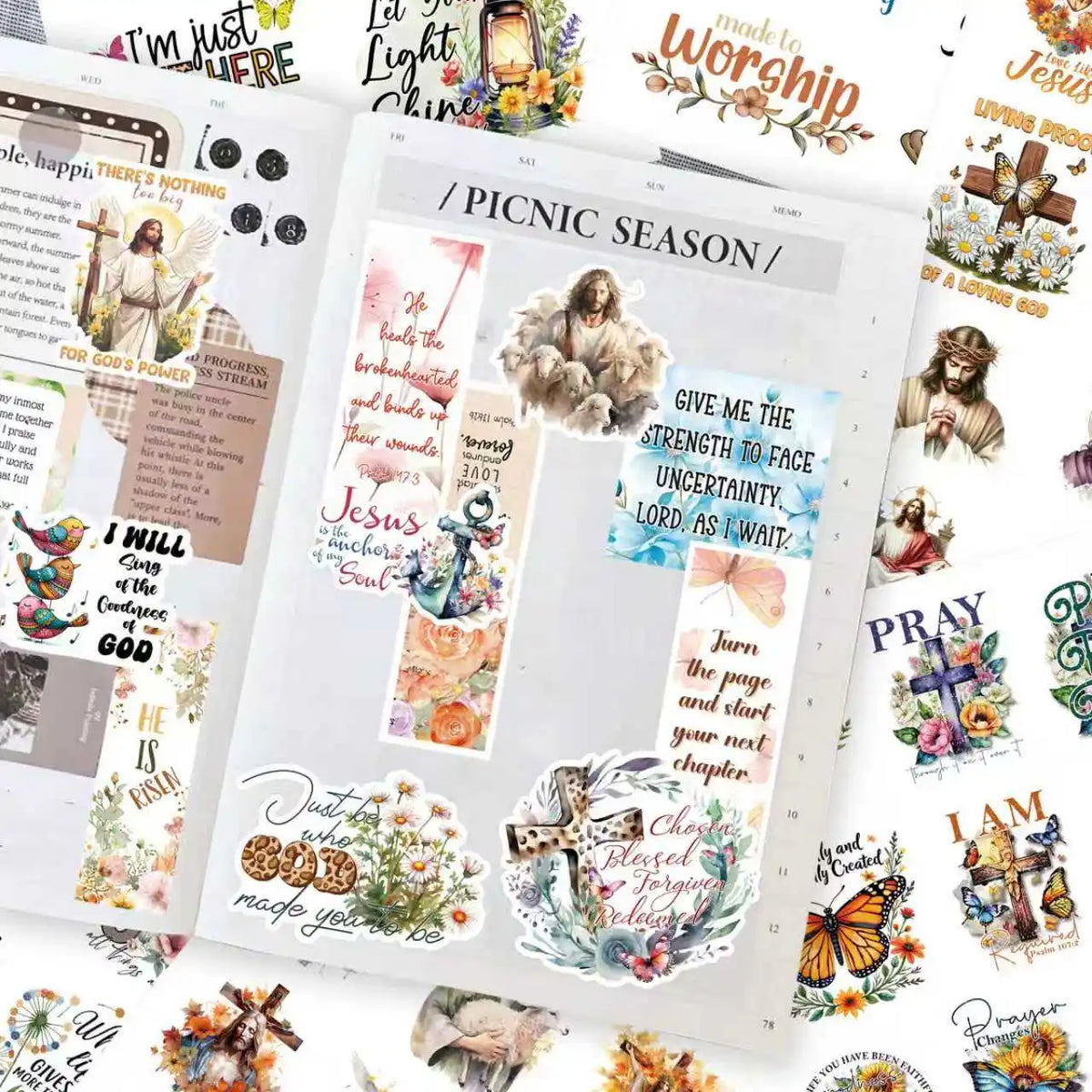 A spread of inspiring Christian verse stickers and decorative elements for journaling and worship