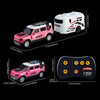A pink miniature alloy RC car with a white roof and black accents is shown alongside a remote control transmitter.