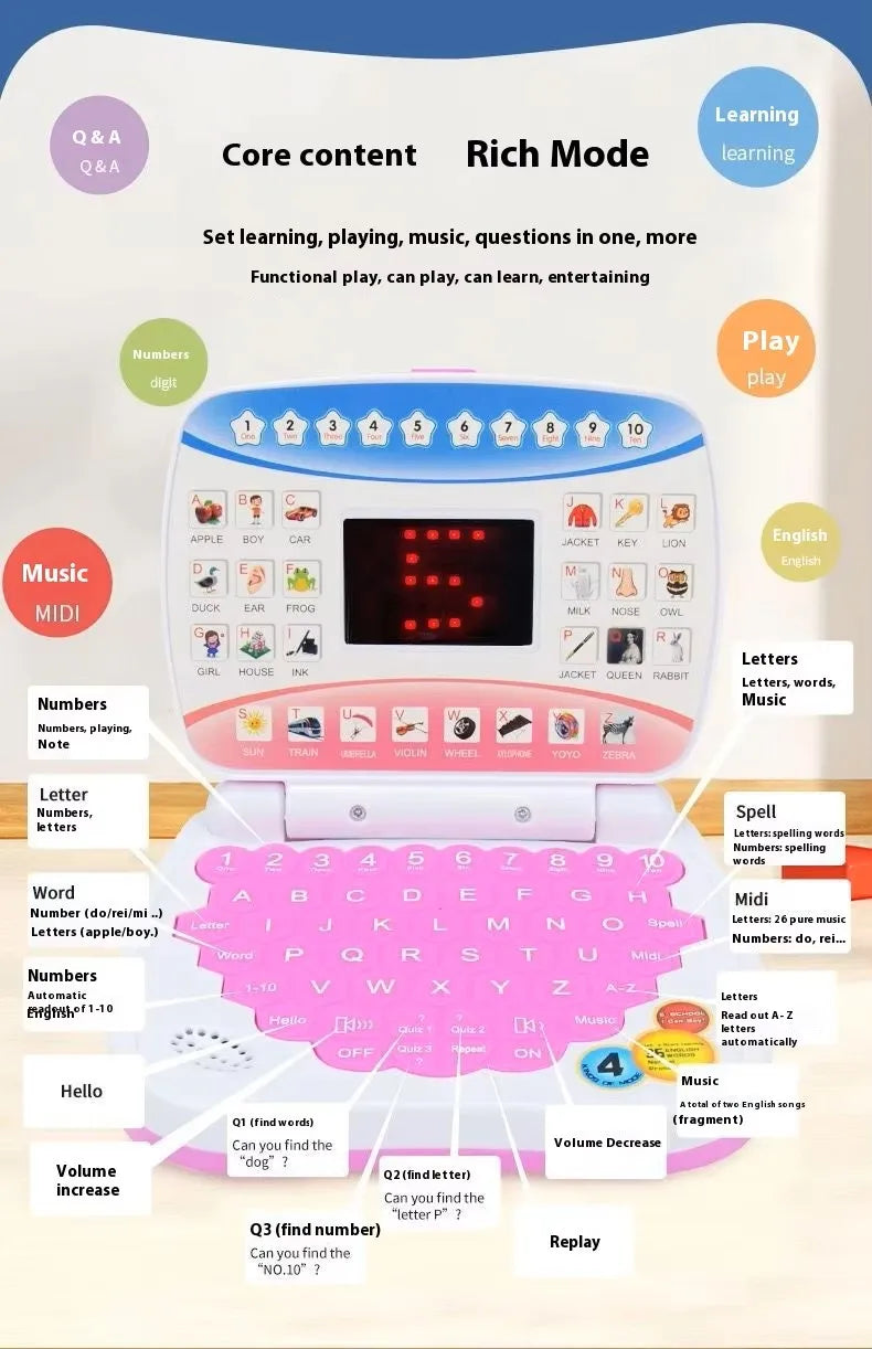 Kids Interactive Learning Laptop with LED Display and Music