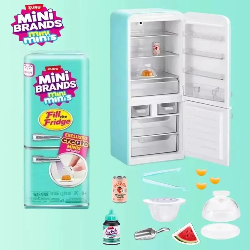 A mini fridge playset in light blue and white with various food accessories like a knife, spoon, and plate.