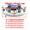 Silver 60mm wheel cap with labeled dimensions E, A, B, C, and D.