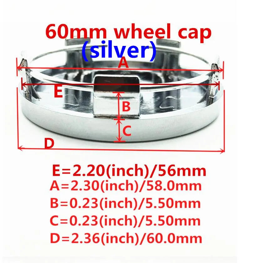 Silver 60mm wheel cap with labeled dimensions E, A, B, C, and D.