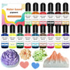 A collection of water-based pigment bottles in various colors, including green, red, black, and yellow, for crafting.