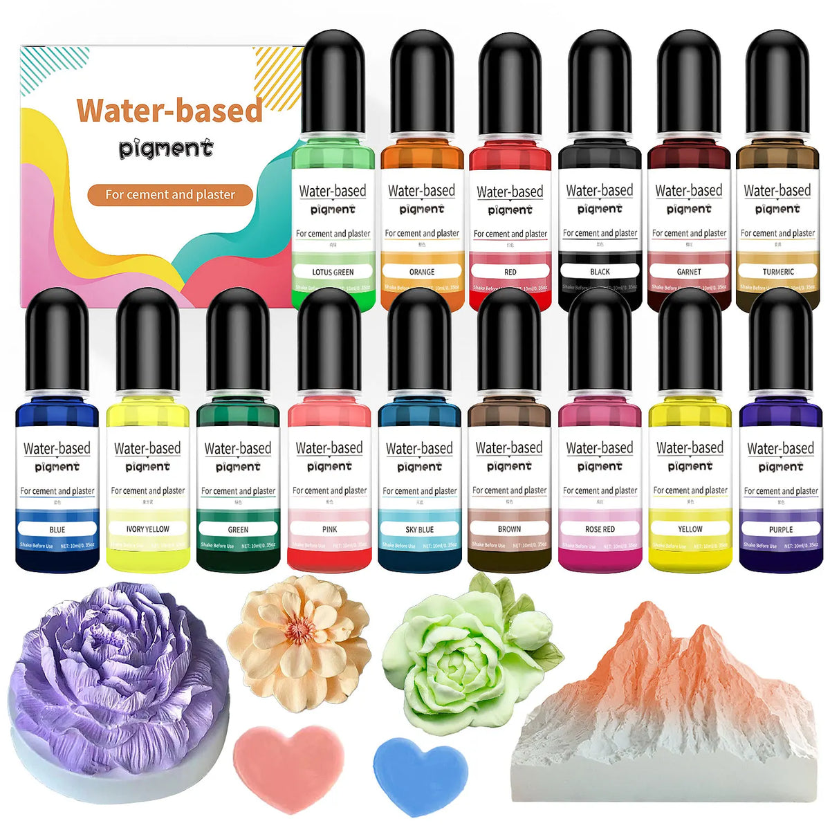 A collection of water-based pigment bottles in various colors, including green, red, black, and yellow, for crafting.
