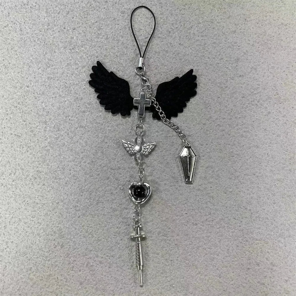 Silver beaded wing cross phone lanyard keychain with a pendant and charm