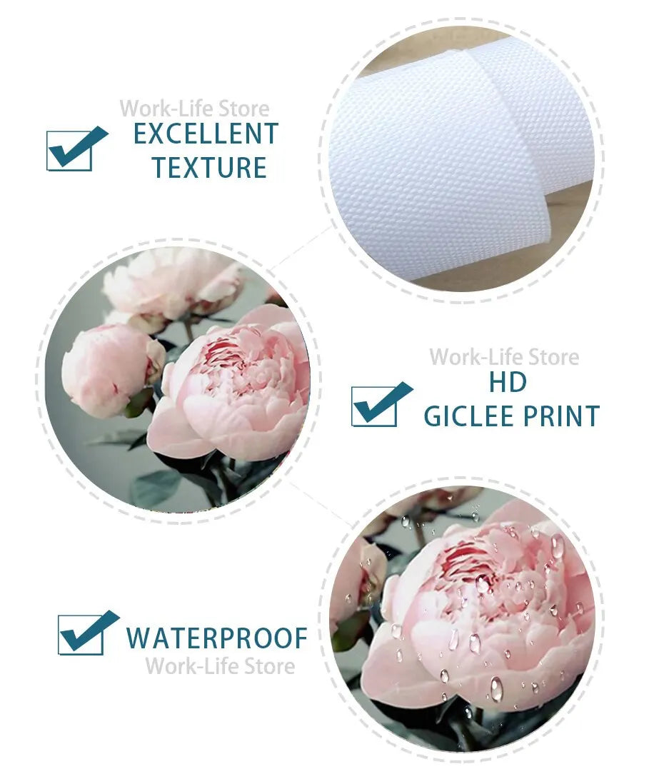 A set of pink watercolor flower prints showing excellent texture, HD giclee print details, and waterproof quality.