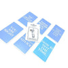 A collection of blue tarot cards featuring The Hermit card and various advice messages.