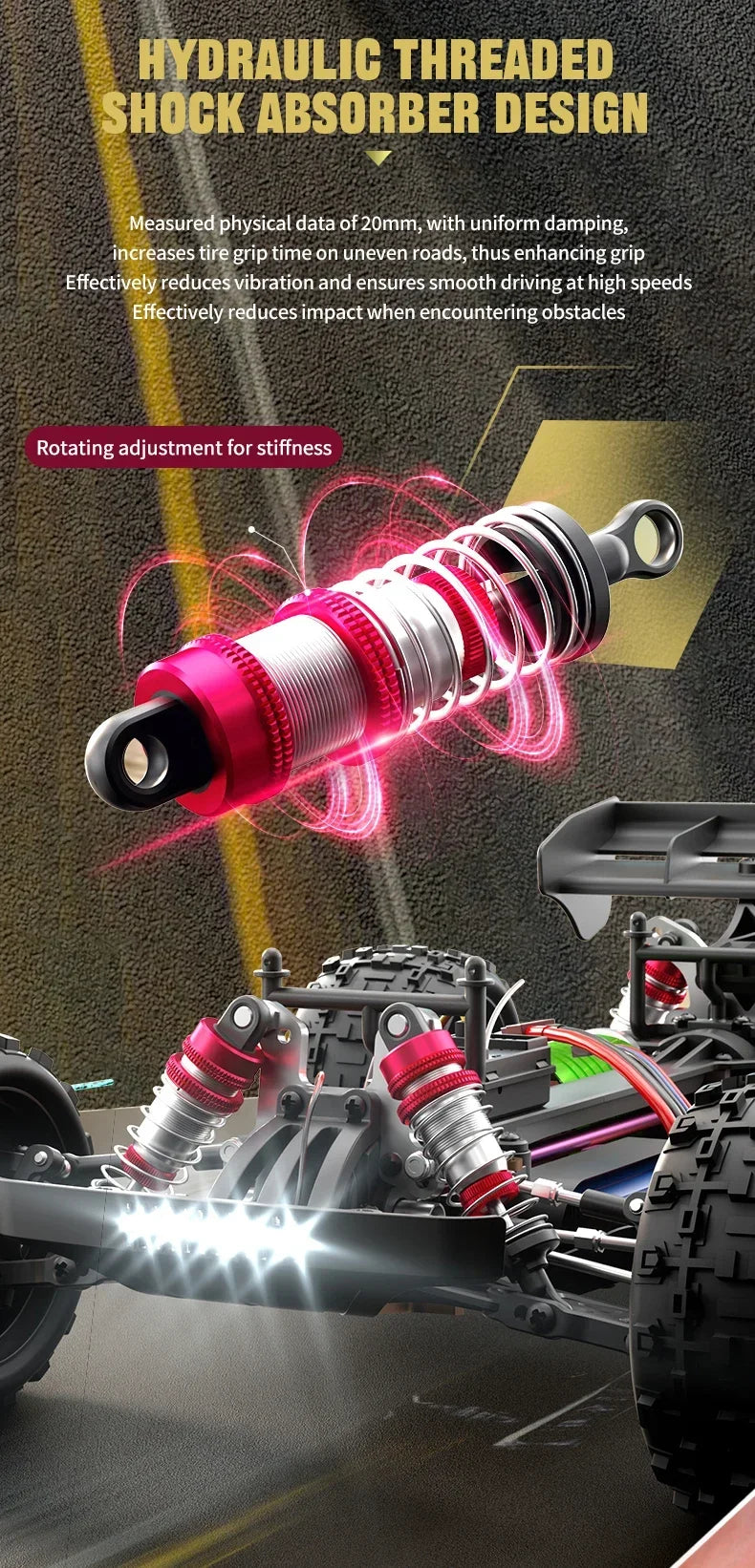 Close-up of a hydraulic threaded shock absorber design on an RC monster truck suspension system.