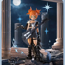 A collectible figurine of a character with orange hair and dark clothing, set against a moonlit background.