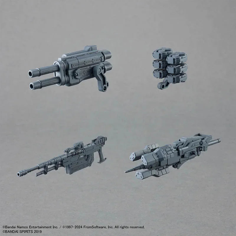 A model kit of the Bandai 30MM Armored Core VI VP-40S Steel Haze Nightfall mecha shown in various assembled and unassembled f