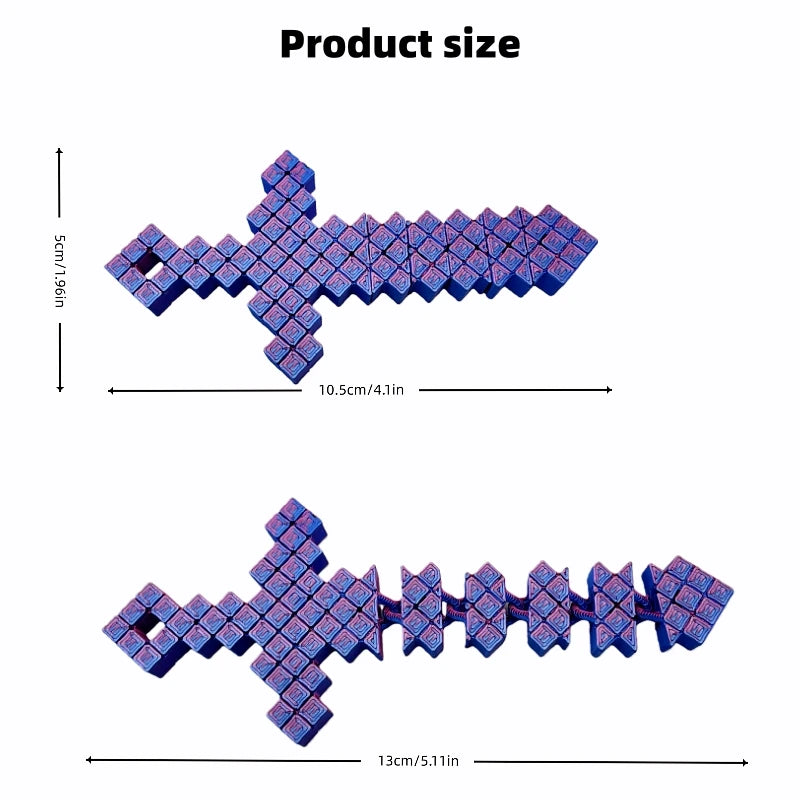 A blue pixel art extendable sword made of interlocking joints, shown with dimensions.