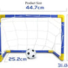 A portable soccer goal set with a blue frame, white net, and a soccer ball shown with dimensions.