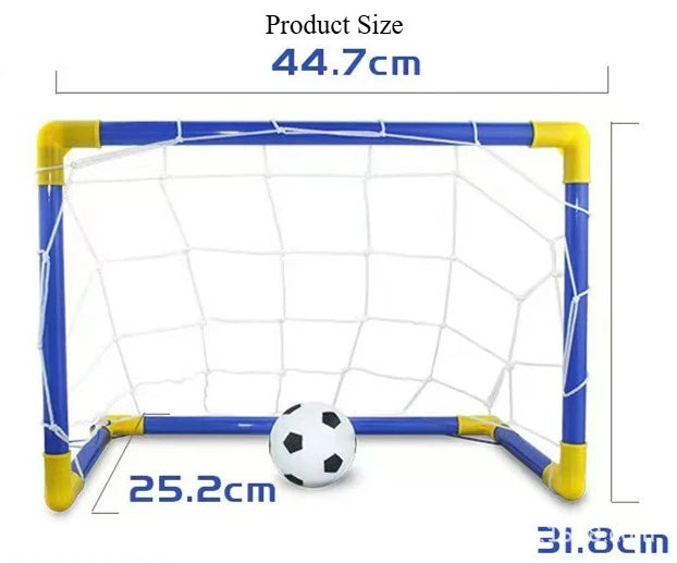 A portable soccer goal set with a blue frame, white net, and a soccer ball shown with dimensions.