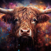 A close-up painting of a Highland cow's head with large horns, featuring rich brown and golden tones against a vibrant, color