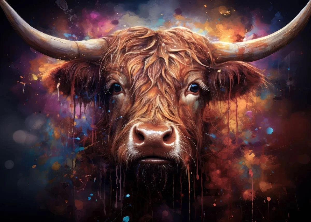 A close-up painting of a Highland cow's head with large horns, featuring rich brown and golden tones against a vibrant, color