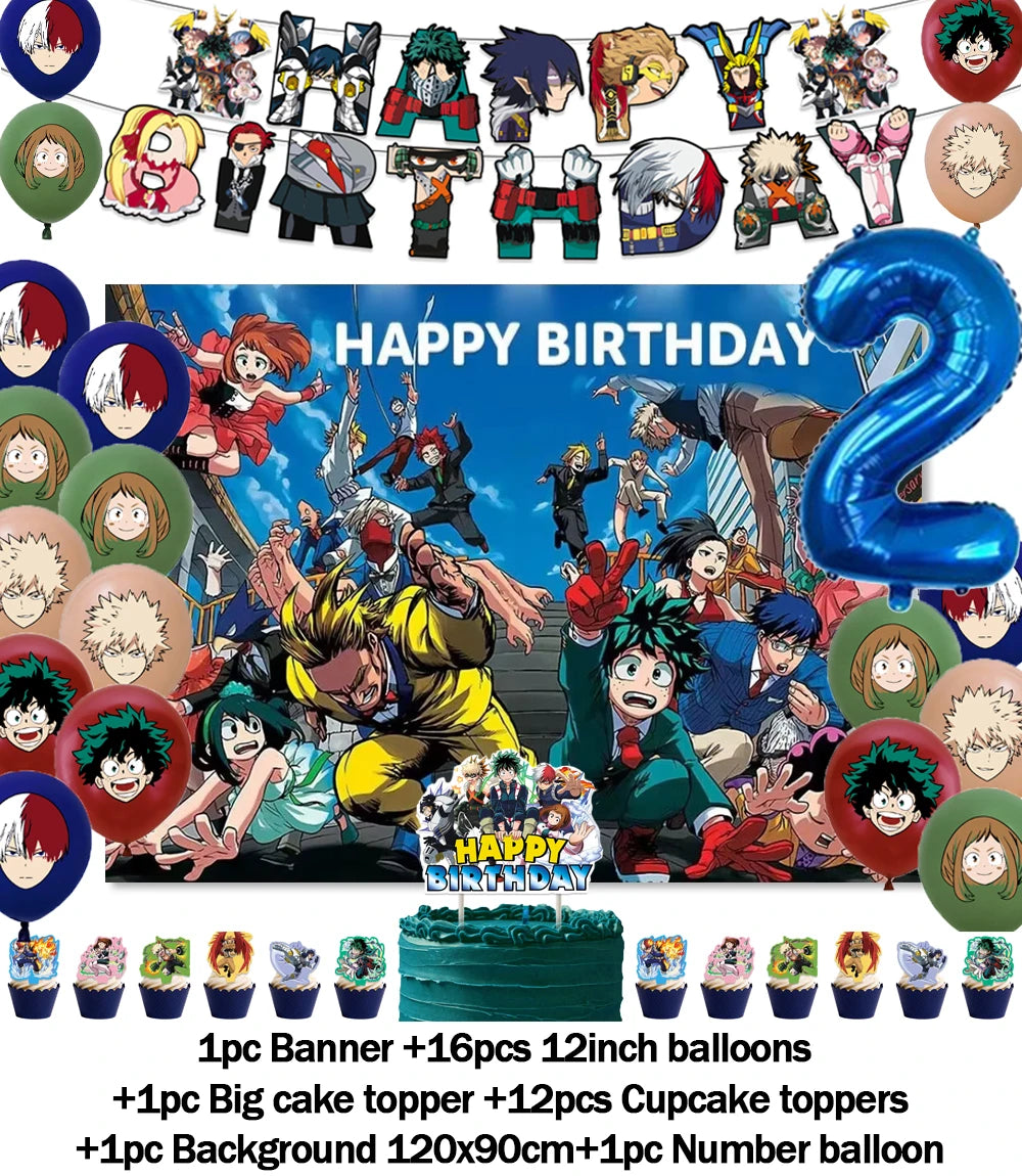 A set of hero-themed birthday party decorations including a backdrop, balloons, cake toppers, and a number balloon.