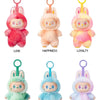 A collection of six Labubu vinyl plush pendants featuring different colors and emotions: Love, Happiness, Loyalty, Serenity, 