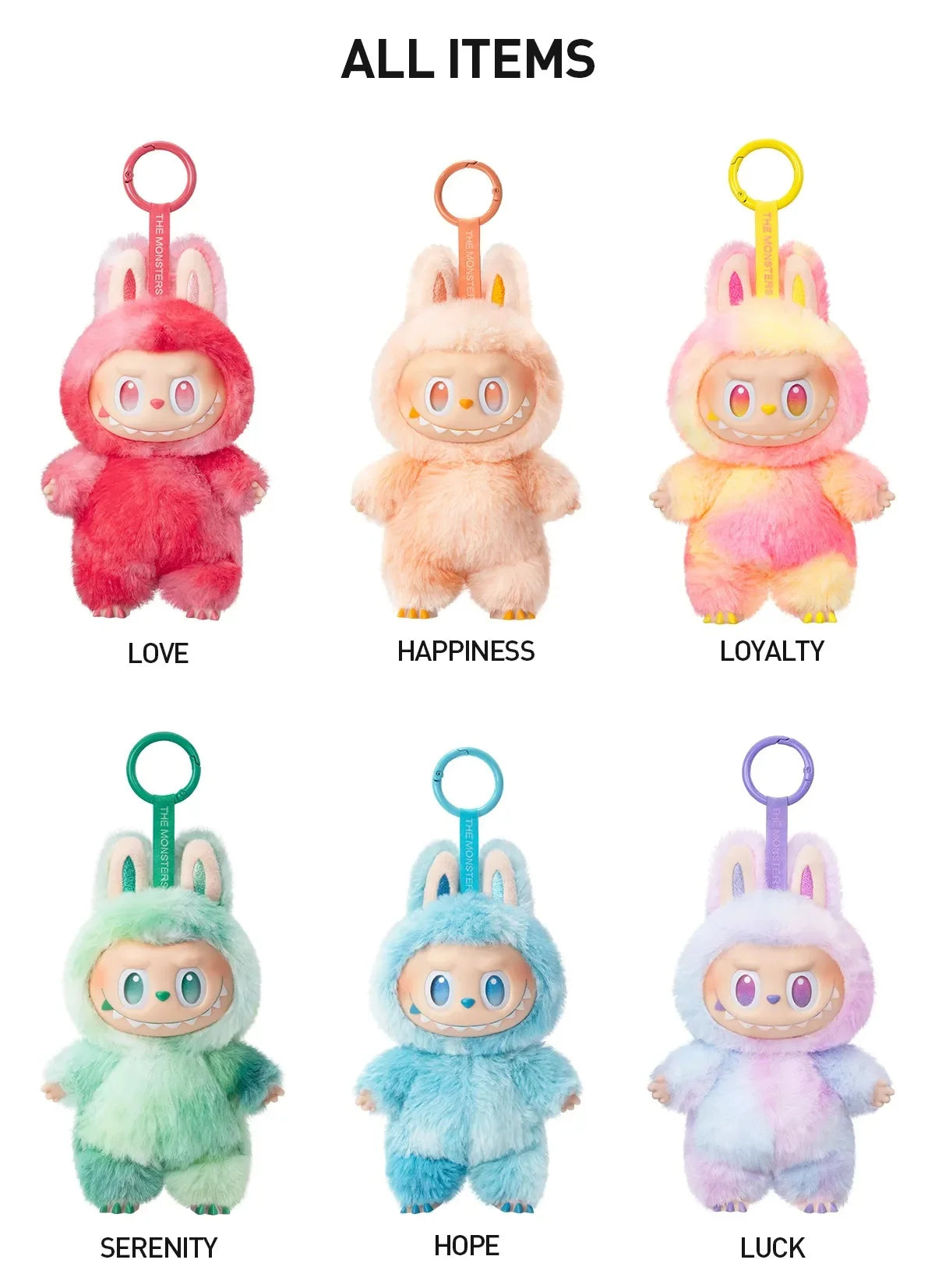 A collection of six Labubu vinyl plush pendants featuring different colors and emotions: Love, Happiness, Loyalty, Serenity, 