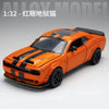 Orange Dodge Challenger SRT Hellcat diecast model car with black racing stripes