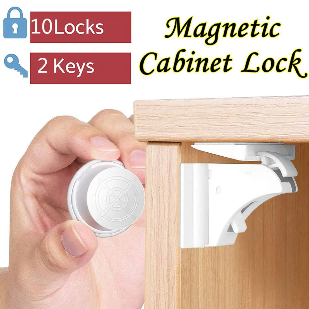 A hand is shown inserting a white magnetic cabinet lock into a wooden cabinet door.