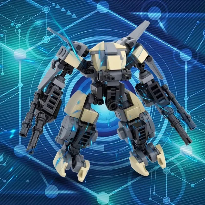 A detailed model of an exoskeleton combat robot built from gray and beige building blocks, displayed against a blue digital g