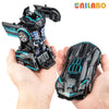 A black and blue transformable robot sports car toy is held in a hand, showing its robot mode and car mode.