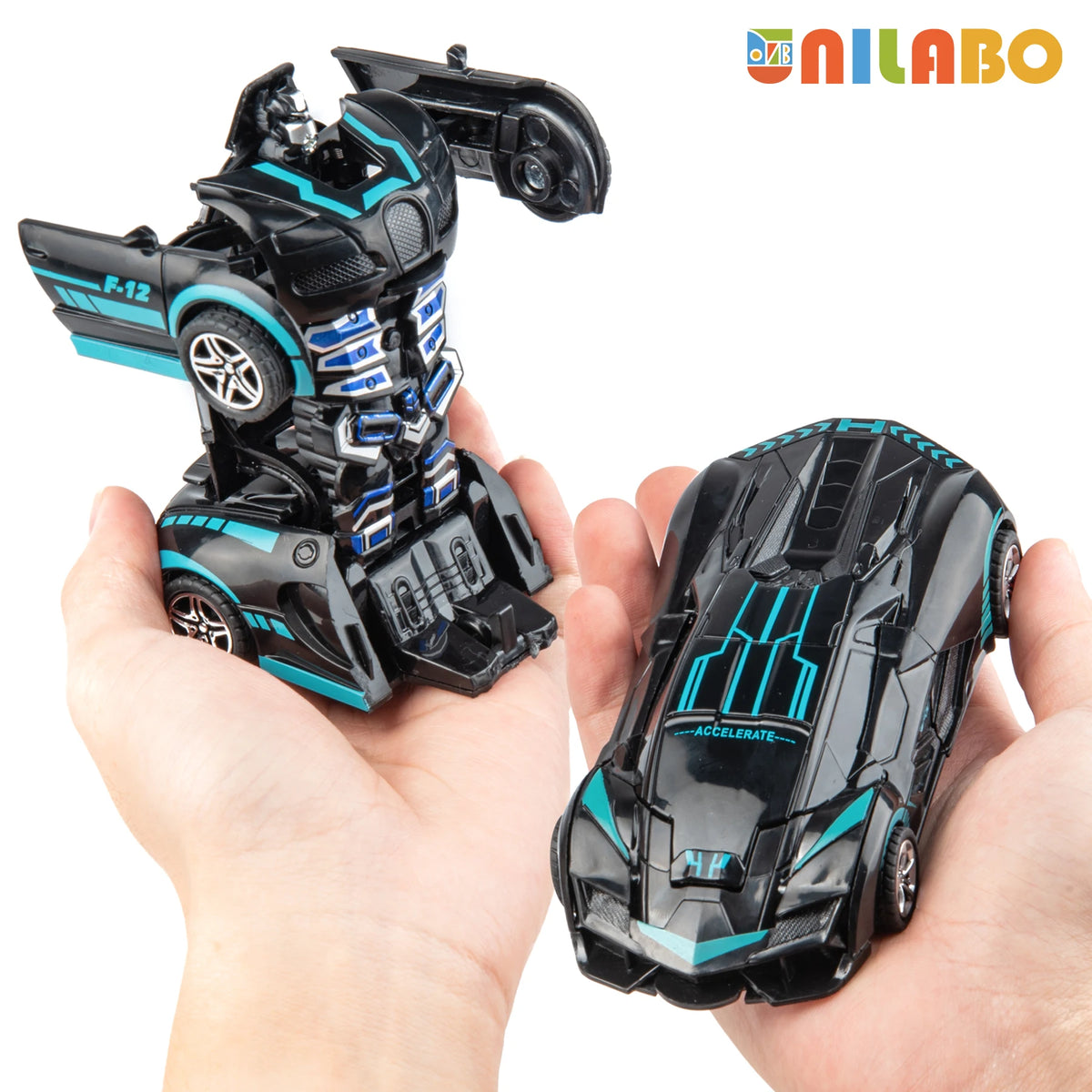 A black and blue transformable robot sports car toy is held in a hand, showing its robot mode and car mode.