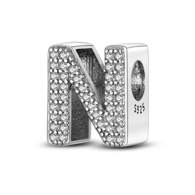 A sterling silver alphabet charm letter N encrusted with cubic zirconia stones.