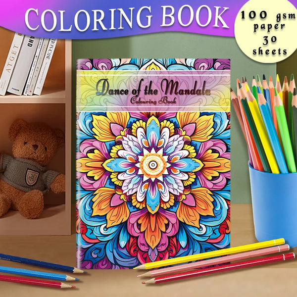 Libro de colorear mandalas colorido con lápices y materiales de arte sobre una superficie de madera.