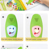 A green smart reading pen is shown with various colored lights indicating correct or wrong answers, and a silicone gel pen is