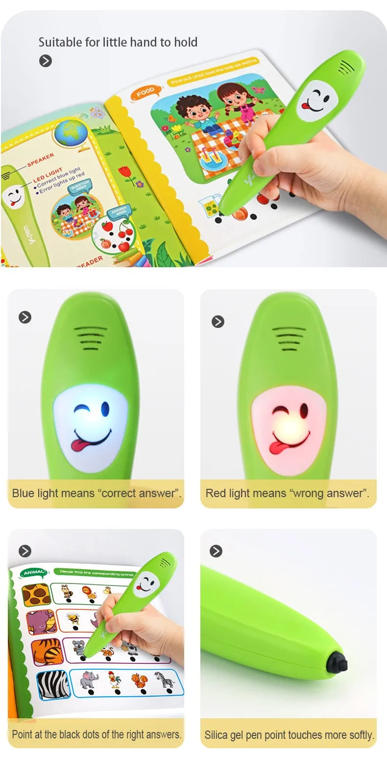 A green smart reading pen is shown with various colored lights indicating correct or wrong answers, and a silicone gel pen is