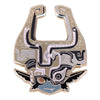 A gold and silver enamel pin featuring a stylized cartoon creature with intricate lines.
