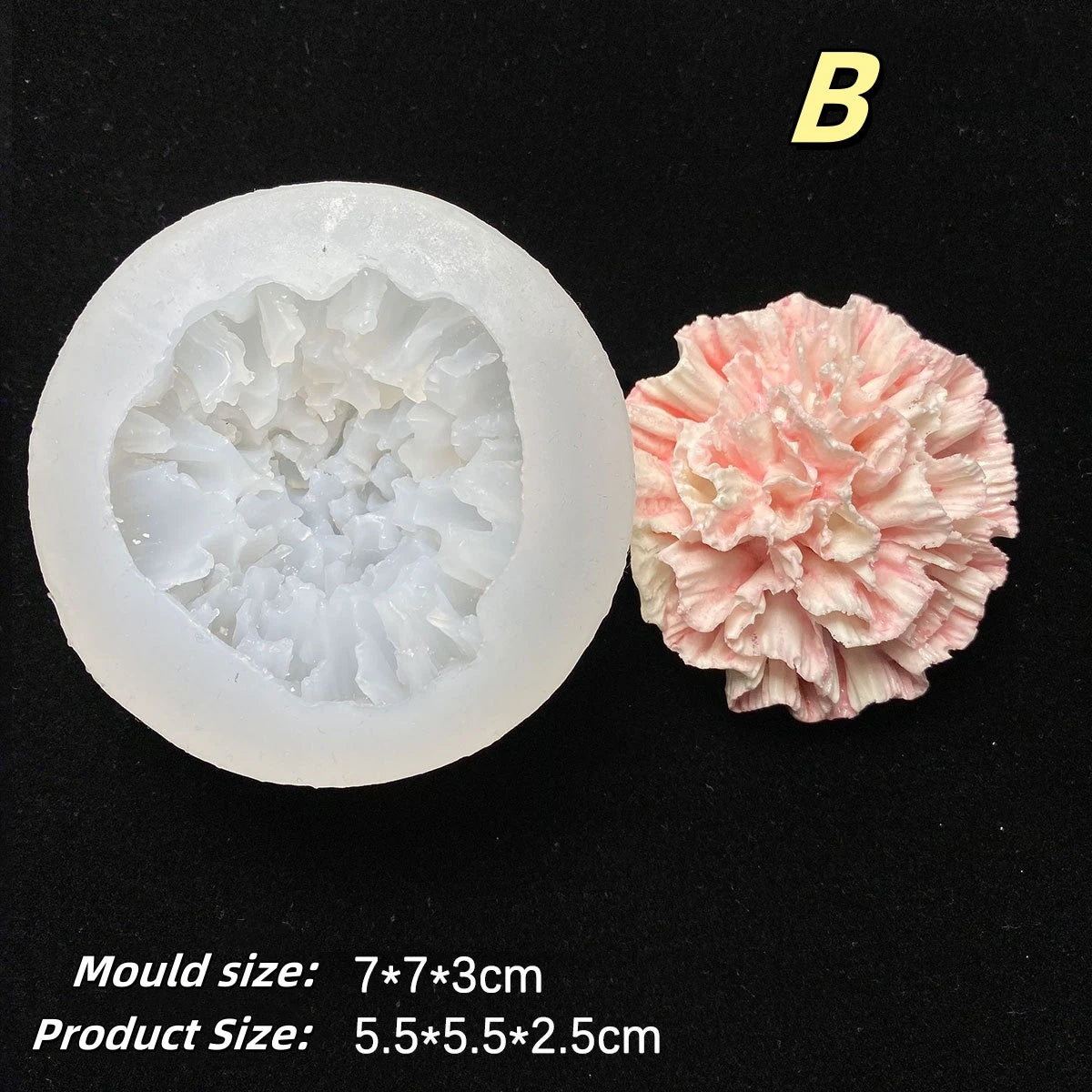 A white silicone mold with a floral design and a pink, ruffled silicone flower product.