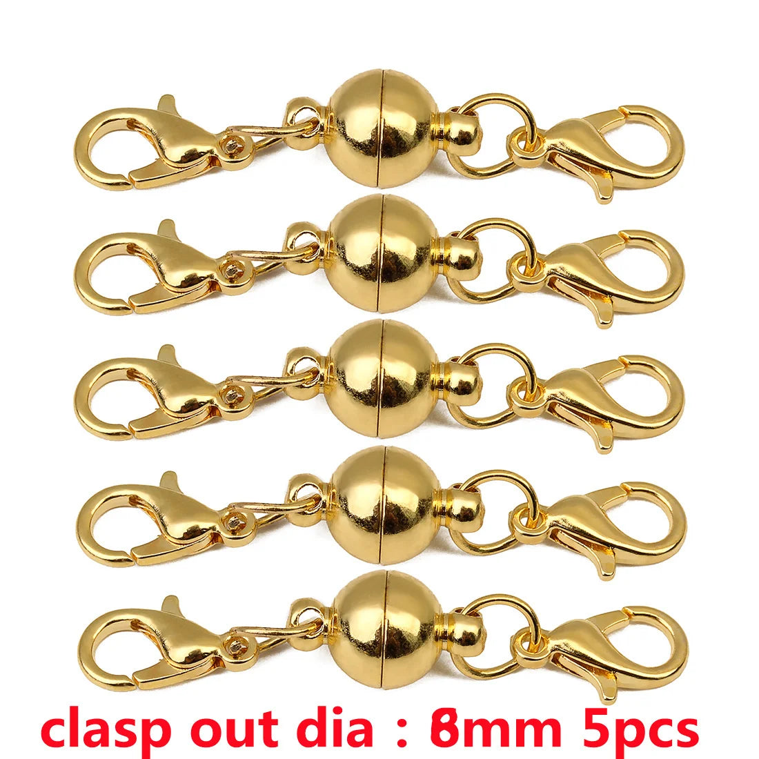 Five gold-colored magnetic clasps for jewelry making, featuring a clasp out diameter of 8mm.