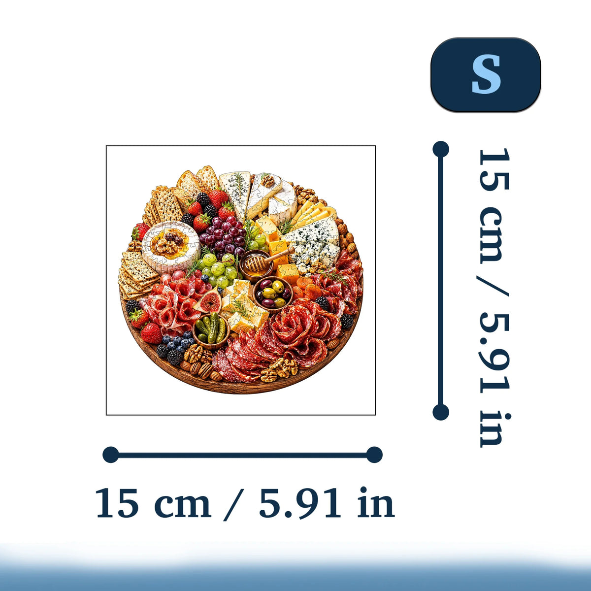 A circular wooden puzzle featuring a detailed arrangement of food items like fruits cheeses and meats.