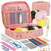 A pink organizer case containing a 59-piece beginner crochet kit with various colored needles and yarn.