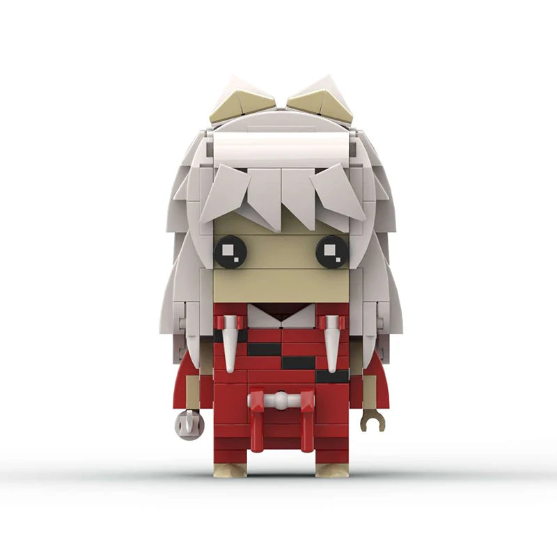 A white and red anime-inspired collectible building block figure featuring a character with light hair and facial markings.