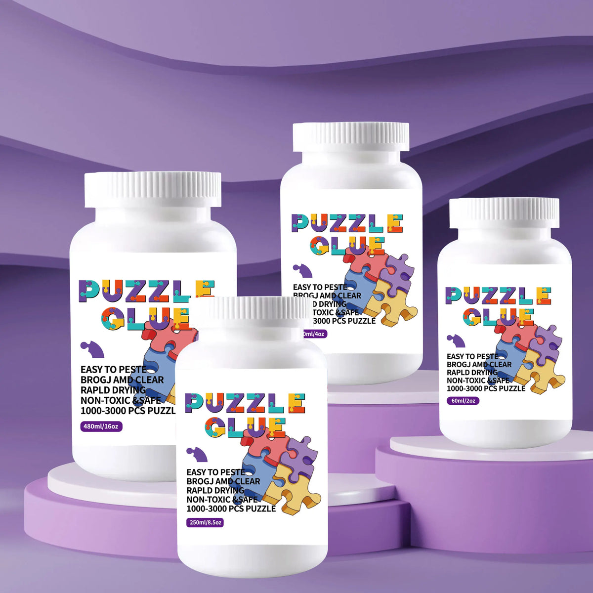Three white glass bottles of puzzle glue with purple and yellow puzzle pieces are displayed on a purple surface.